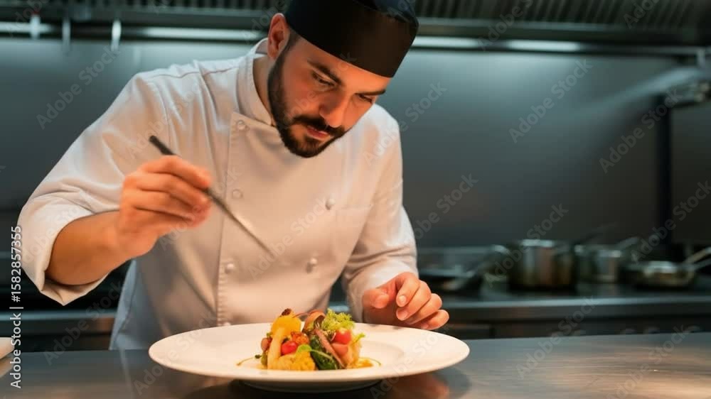 Culinary artist plates a gourmet salad in a professional kitchen Culinary artist plates a gourmet salad in a professional kitchen