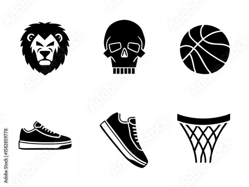 Collection of black and white icons featuring a lion skull basketball and sneakers