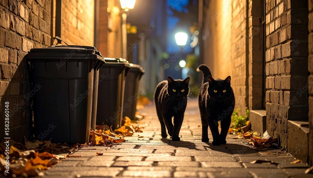 Obraz premium Black cats prowling through alleyway shadows, trash cans knocked over, mysterious glowing eyes reflecting streetlight, urban Halloween night environment