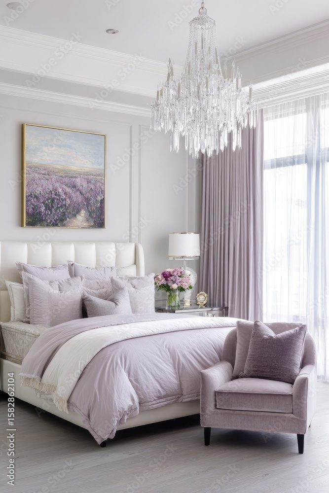 Fototapeta premium Elegant lavender bedroom with crystal chandelier