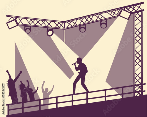 Concert stage performance with singer and audience celebrating excitement silhouette