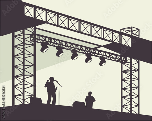 Concert stage with lights and performers silhouette on stage performance