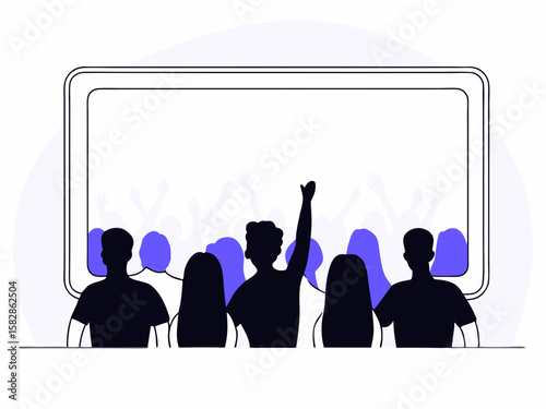 Crowd of people silhouettes with arms raised in excitement and celebration