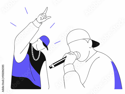 Dynamic vector illustration of two rappers performing with microphone and gesture