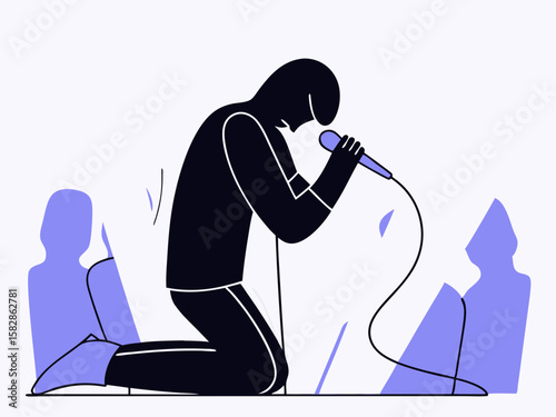 Illustration of a kneeling singer performing into a microphone on a white background