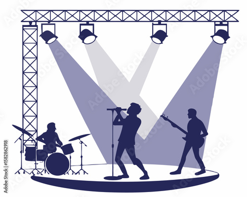 Live music band silhouette performing on stage illuminated by stage lights