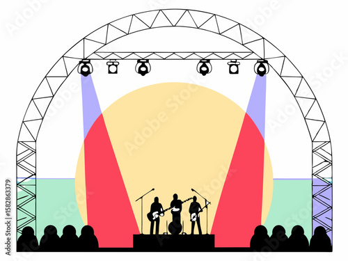 Musical performance on stage with band and lighting in simplified illustration