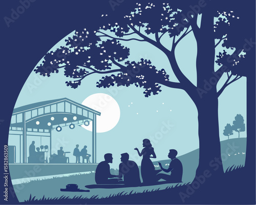 People enjoying picnic outdoors with entertainment underneath a serene night sky