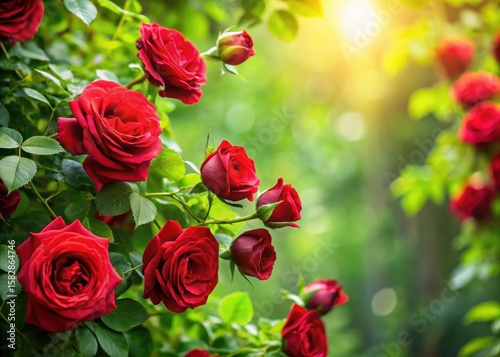 Beautiful red roses intricately arranged on a vine with lush green foliage and delicate stems in a naturalistic setting