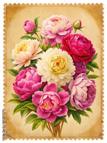 Colorful old postage stamp with a vibrant bouquet of peony flowers in various shades of pink and white