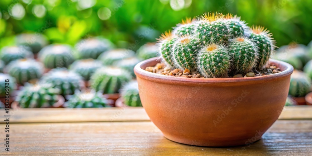 Ceramic pot with mammillaria plumosa plants and soil Ceramic pot with mammillaria plumosa plants and soil