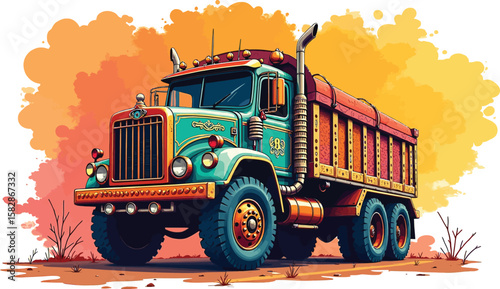 Colorful Dump Truck Duo Desert Realism and Monochrome Sketch Vector Art