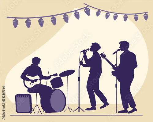 Silhouetted musicians performing on stage under string lights with elegant design