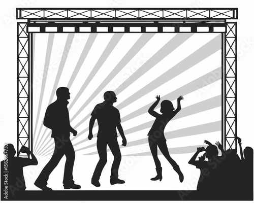Silhouettes on stage with attendees and light beams against a white background