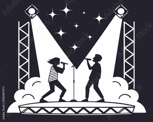 Singers performing on stage under spotlights with star decorations illustration