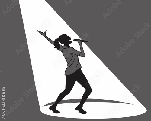 Singing performer silhouette under spotlight in vector graphic on white background
