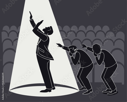 Spotlighted leader with followers in silhouette on stage with audience background