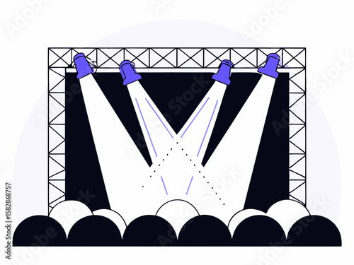 Stage lighting illustration with spotlight beams and geometric architectural design