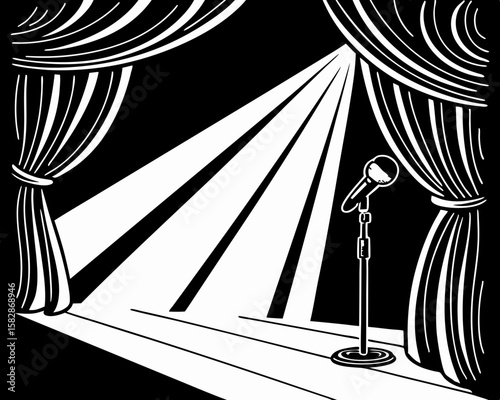 Stage microphone with spotlight and curtains in striking black and white design