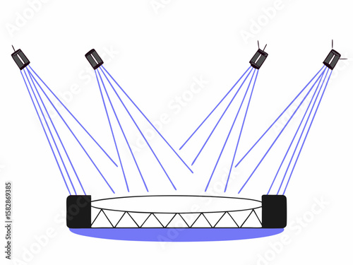 Stage with spotlight beams illuminating the circular area on a white backdrop