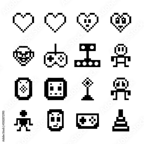 Retro Gaming Elements – Joystick, Pixel Hearts, 8-Bit Characters & Game Cartridges in Pixel Art Vector Pack for Nostalgic Design, Indie Games & Merch