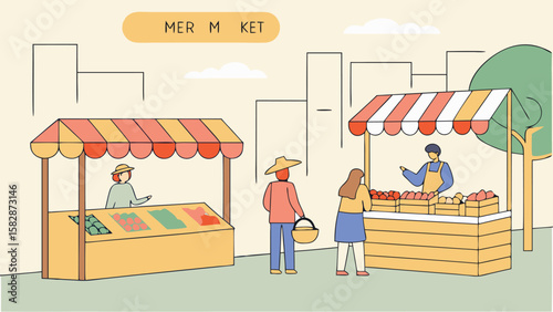 Illustration of a farmers market scene with vendors selling produce and customers browsing stalls outdoors