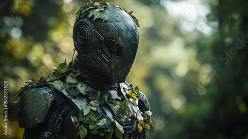 Futuristic soldier wearing camouflage in a forest is standing still