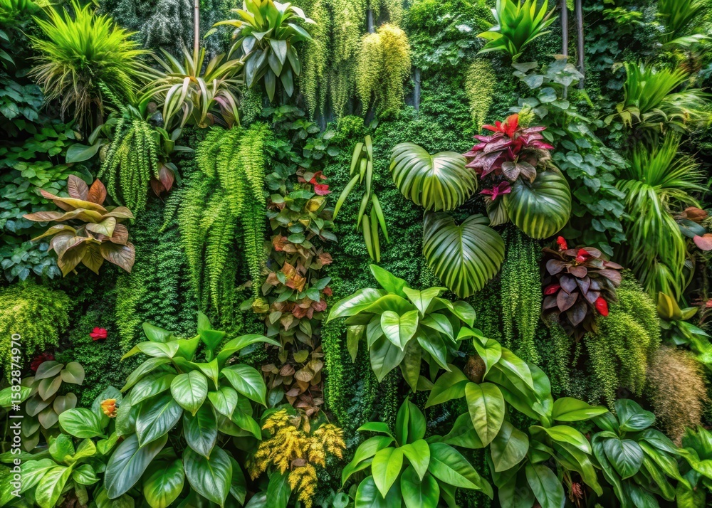 Fototapeta premium A lush vertical garden with vibrant greenery and exotic tropical leaves cascading down a wall