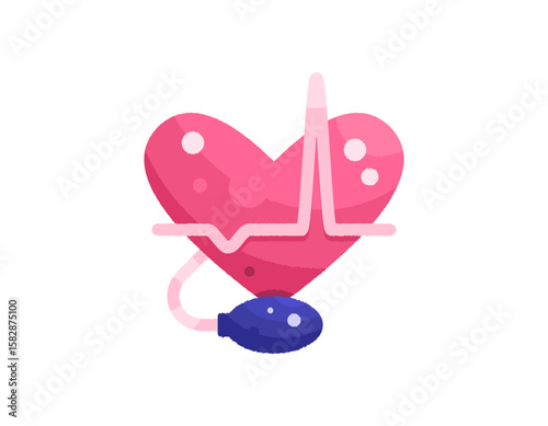 High blood pressure concept. illustration of heart symbol, heart beat rhythm with blood pressure meter. Health problem. Symbol. Textured. Flat style design. Asset elements