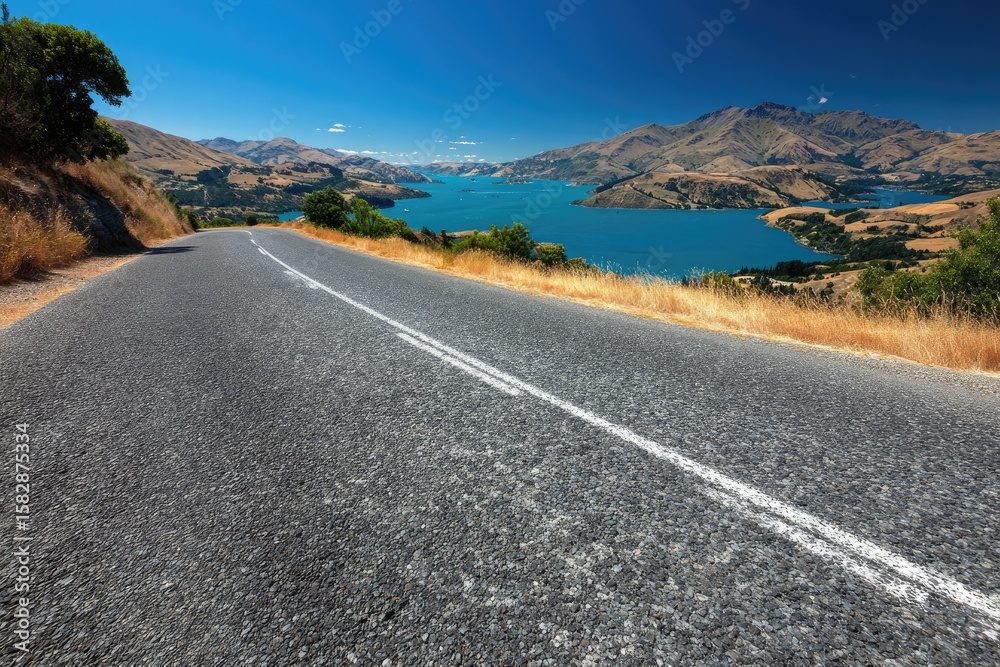 Naklejka premium Scenic highway curves towards a tranquil lake and mountains