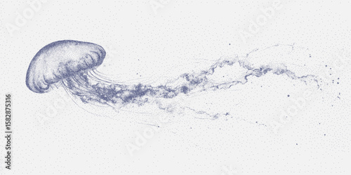 Jellyfish is blue and surrounded by many small dots. Retro pop art stipple sketch, paper photocopy texture, threshold.