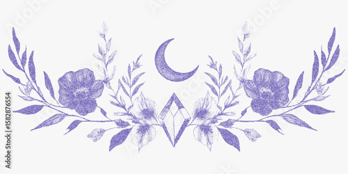 Blue flower design with a moon and diamond. Retro stipple illustration, photocopy texture with noise. Threshold contrast and gritty halftone dots.