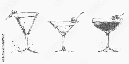 Three glasses of different shapes and sizes. Retro stippled linework with photocopy effect. Noisy halftone dot texture and threshold tones, analog.