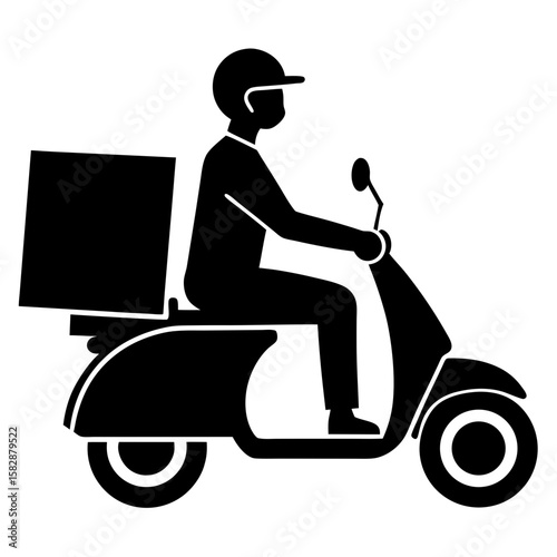 Delivery man riding scooter with box silhouette vector illustration