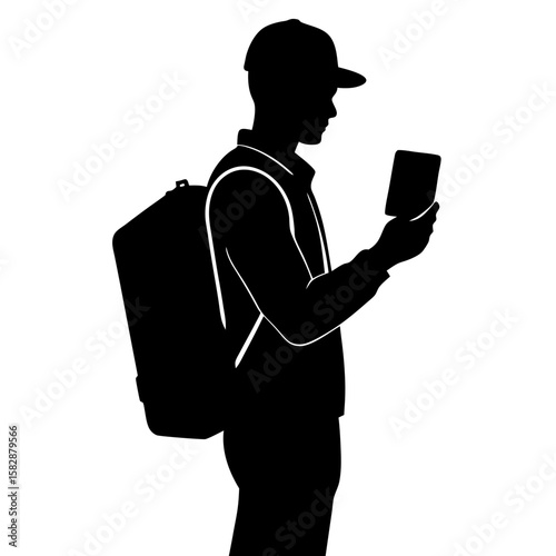 Man looking at mobile phone with backpack silhouette vector illustration