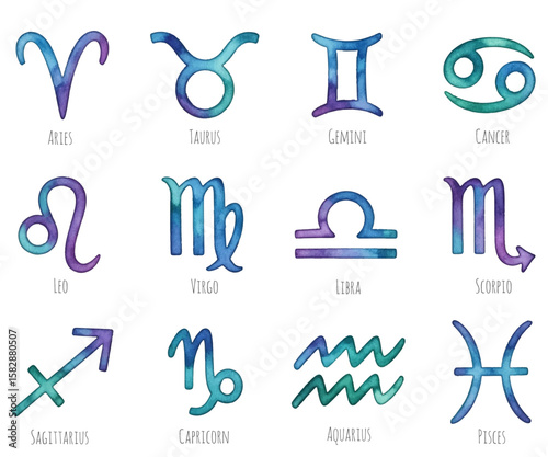 Zodiac symbols vector set, collection of watercolor painted astrology signs. Aries, Taurus, Gemini, Cancer, Leo, Virgo, Libra, Scorpio, Sagittarius, Capricorn, Aquarius, Pisces icons isolated on white