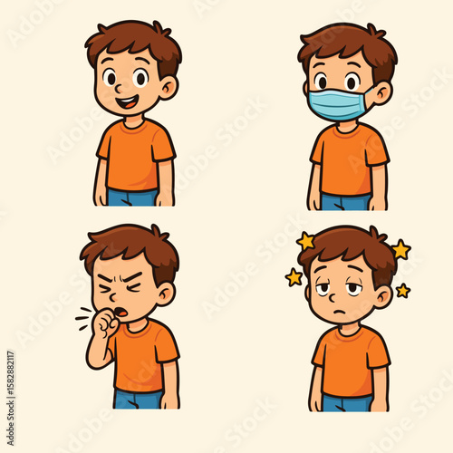 Boy Feeling Sick Illustration A set of cartoon boy showing expression with or without wearing face mask.