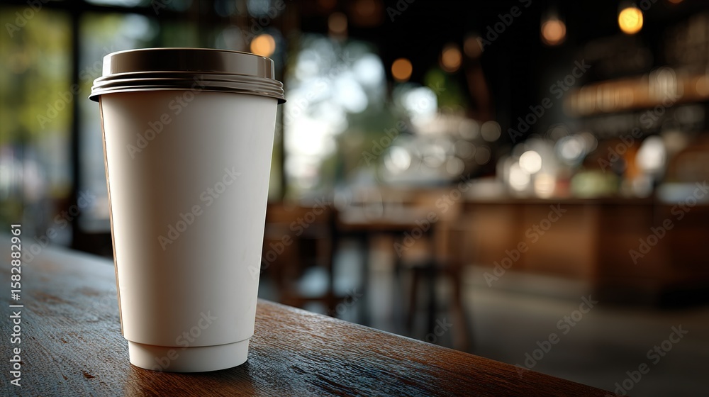White paper coffee cup with brown lid sits on wooden counter in cafe White paper coffee cup with brown lid sits on wooden counter in cafe