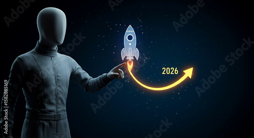 Future Vision: A futuristic visual depicts a visionary concept. A faceless figure points towards a graphic rocket, symbolizing innovation.