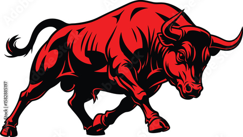 Ferocious Red and Black Bull Charging Forward with Power and Determination in a Dynamic and Bold Composition Symbolizing Strength