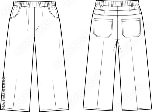 Technical flat sketch of kids wide-leg pants with elastic waistband, front curved pockets, back patch pockets, detailed stitching lines.