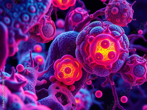 AI-generated 3D image of cancer cells on a dark background.