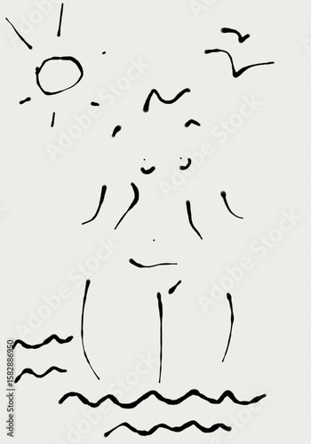 line art woman in the sea drawing 