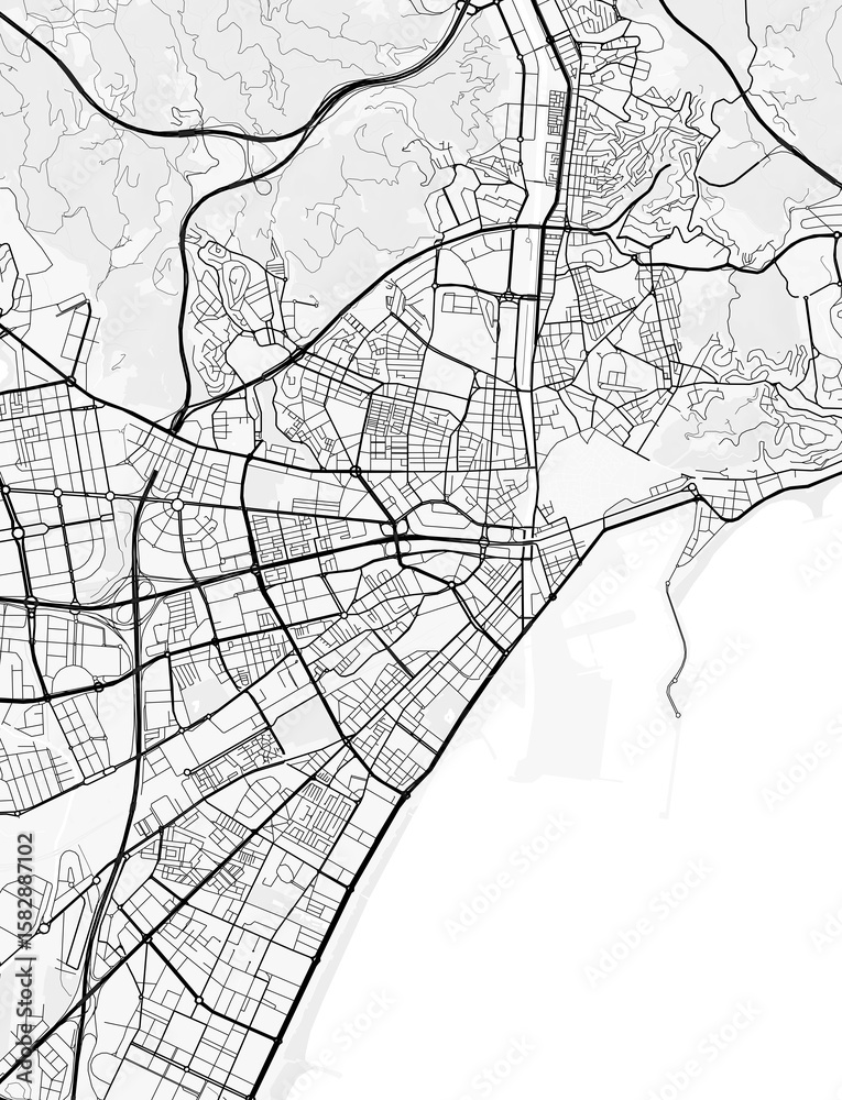 Fototapeta premium Malaga City Map. Minimalist black and white line art poster for printing, wallpaper, wall art for home and office decor
