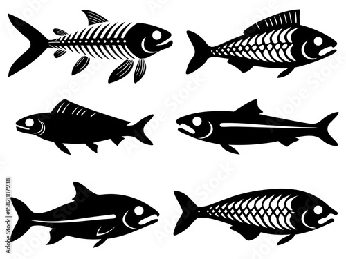 Collection of stylized black fish silhouettes and skeletons on white background