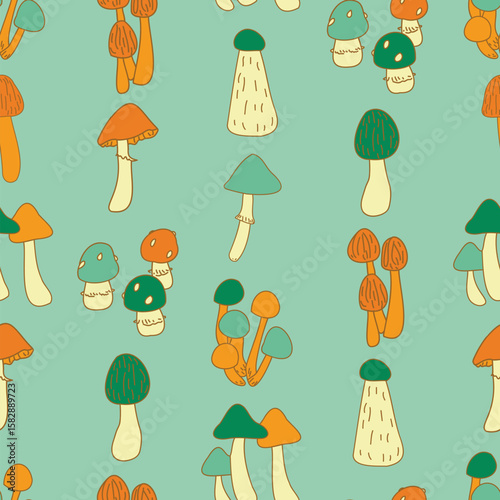 Colorful wild mushrooms repeating across light green backdrop, displaying organic pattern perfect for botanical textile and graphic design. Toadstool and fly agaric vector seamless pattern