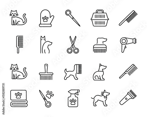 Pet Grooming Vector Icon Set - Dog, Cat, Scissors, Brush, Comb, Dryer, Care, Hygiene, Clippers, Fur - Adjustable Line Weight