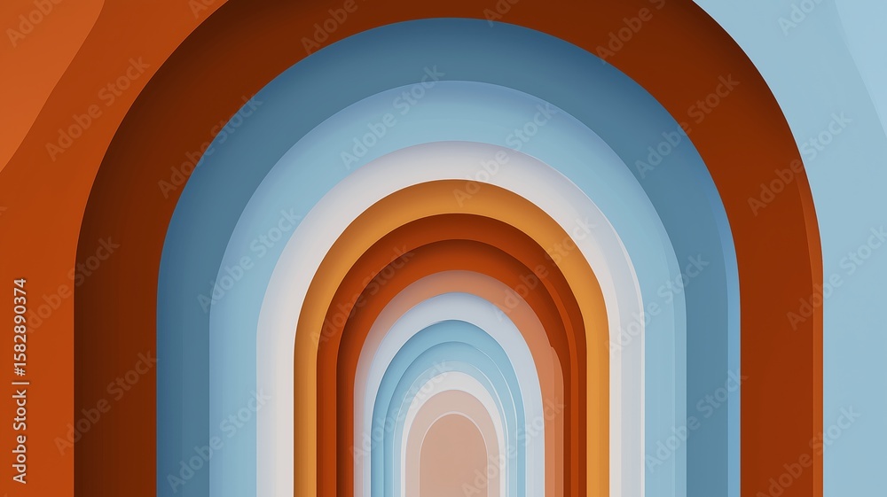 Obraz premium Abstract arch geometric pattern layered design blue and brown modern art 3D effect curved shapes tunnel view smooth texture gradient color