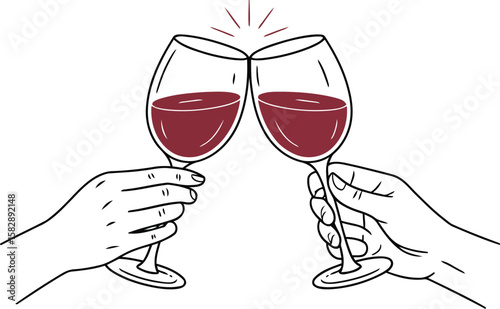 hands clinking wine glasses with red wine on dark background symbolizing celebration, toast, and social gathering