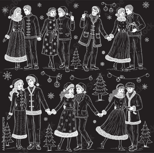A set of six monochrome, chalk-style illustrations depicting happy couples in various poses, dressed in elegant Christmas and winter holiday attire, surrounded by snowflakes